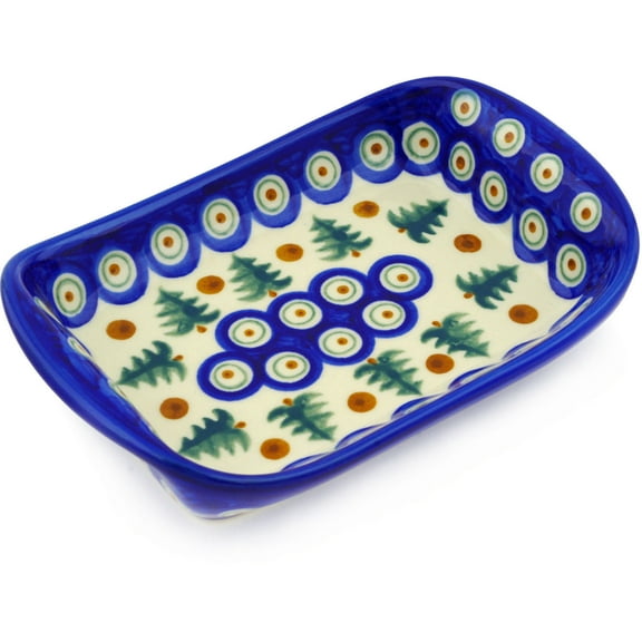 Polish Pottery 7½-inch Platter with Handles (Autumn Evergreen Theme) Hand Painted in Boleslawiec, Poland   Certificate of Authenticity