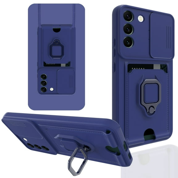 SaniMore for Samsung Galaxy A13 5G 6.5" 2021 Case, [Hidden Bracket & Lens Sliding Window & Card Slot & Shoulder Strap] Magnetic Car Mount Shockproof TPU Bumper Anti-fall Stylish Shell, Navyblue