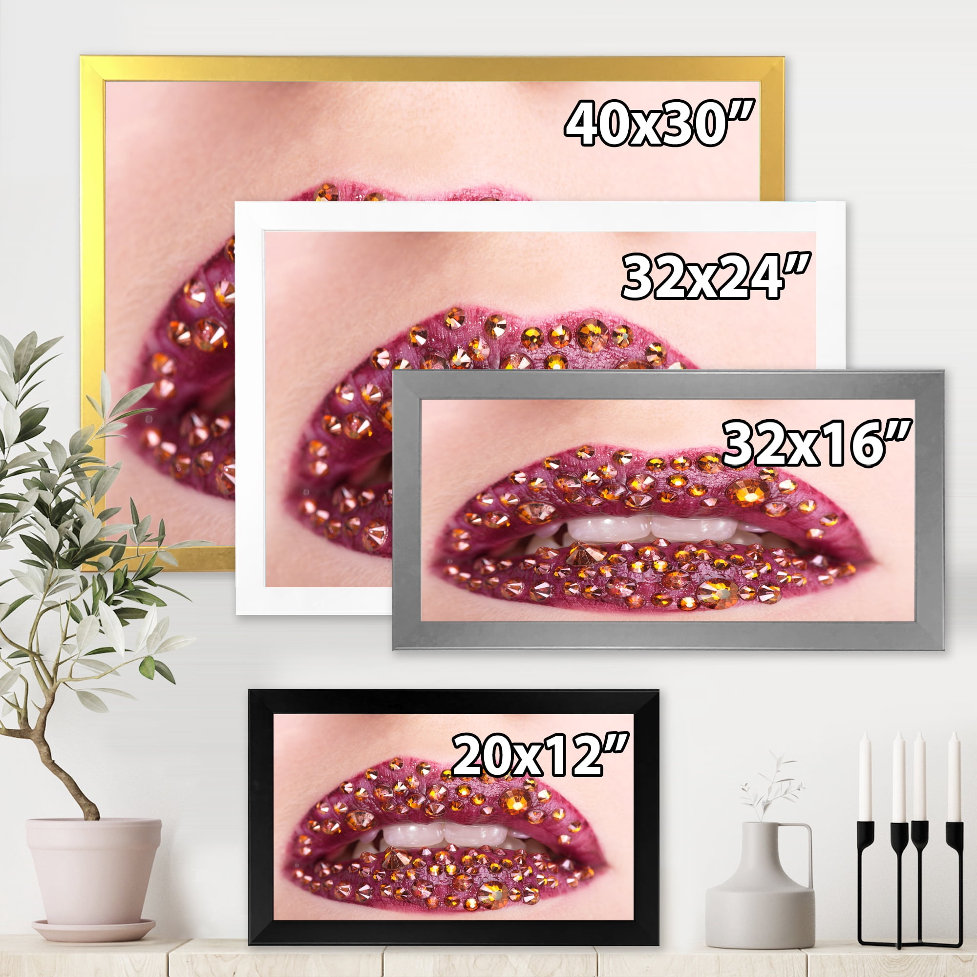 Designart 'Close-Up Of Girl Lips With Sequins' Modern Framed Art Print