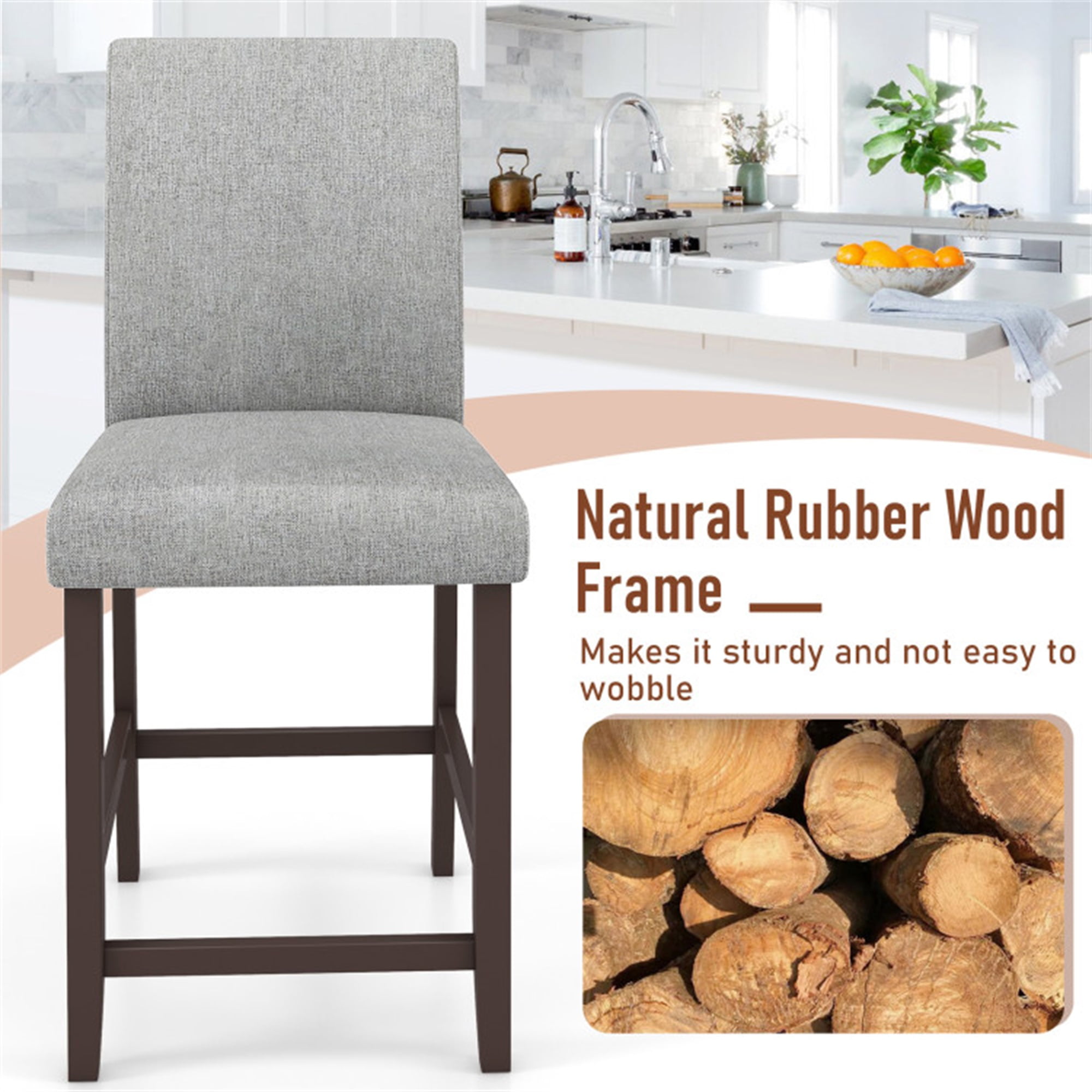 Demi Bonn 25" Set of 2 Counter Height Bar Stools, Modern Dining Chair with Backrests, Gray