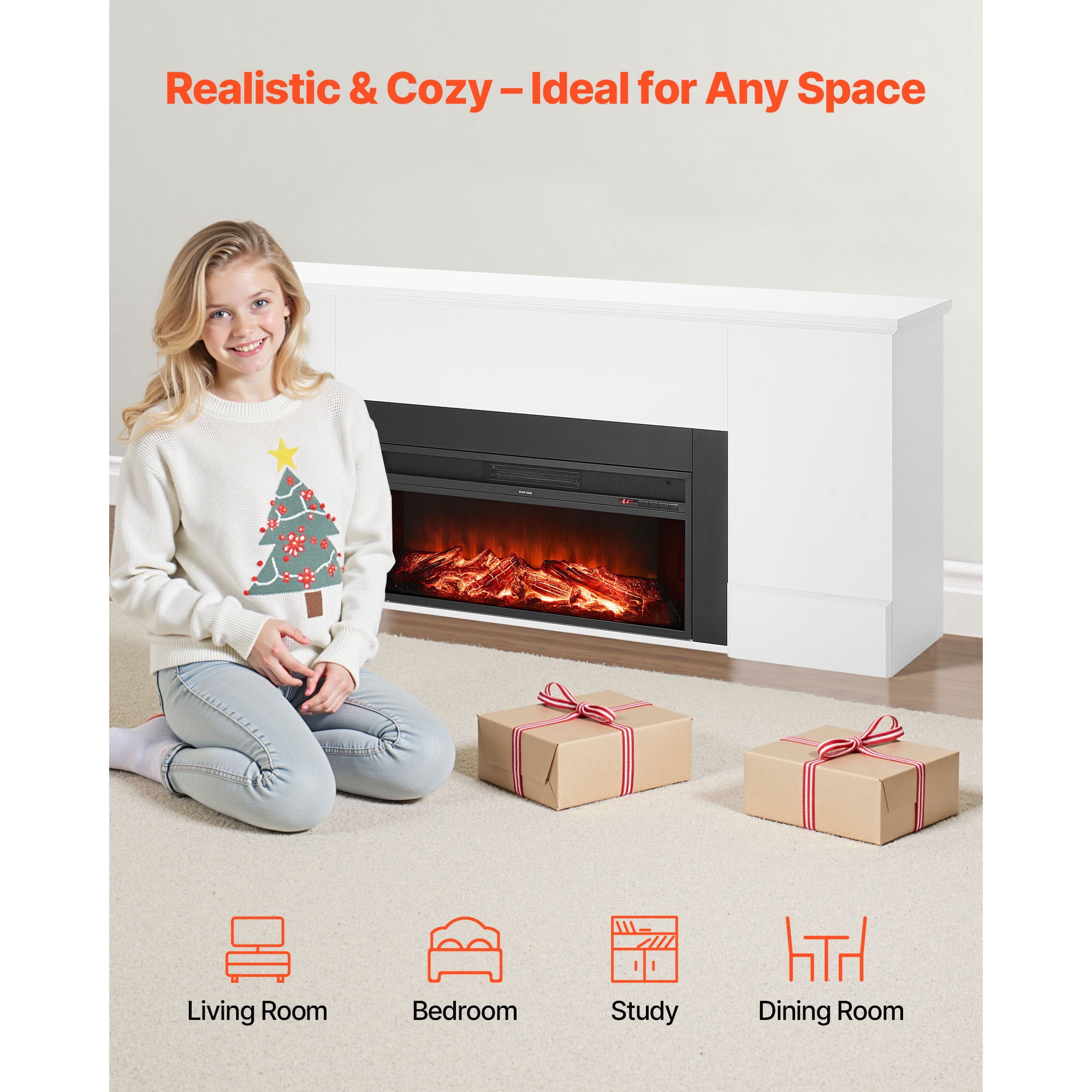 KFFKFF 75-Inch Freestanding Electric Fireplace with Mantel, 1500W Heater, Adjustable Flames, Timer, Remote Control, Overheat Protection, Ideal for Living Room or Bedroom, White