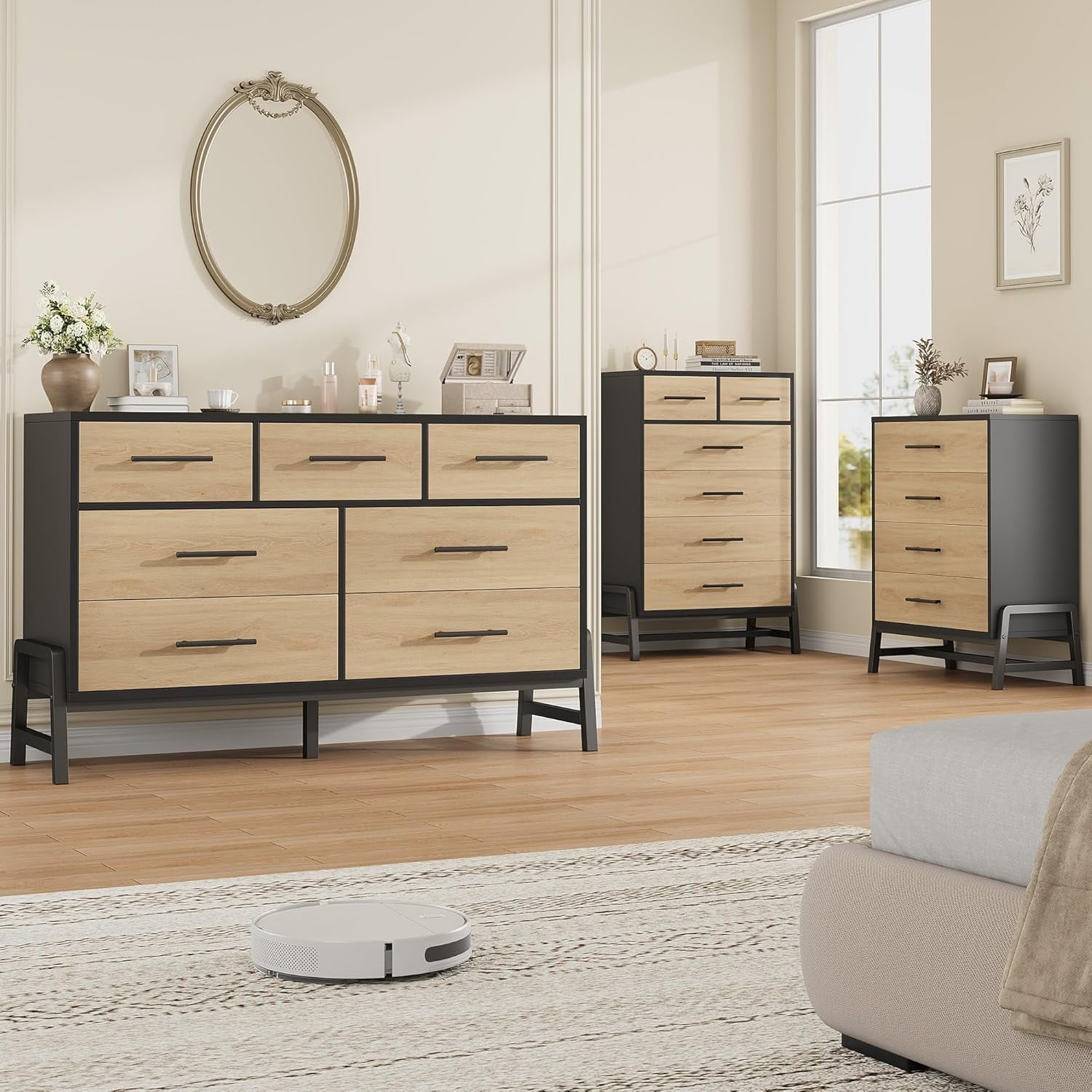 Hetoy 7 Dresser for Bedroom, 52" Wide Dresser, Wide Drawer Dresser with Storage Freestanding, Wooden Closet Dresser Storage Dresser Chest for Living Room, Bedroom, Entryway, Oak+Black