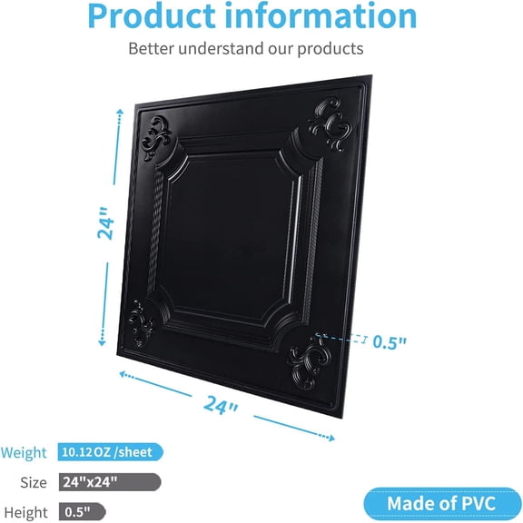 Black Drop Ceiling Tiles, 12 Pack 2x2 Glue Up Panels for Interior Ceilings and Decorative Wall Applications