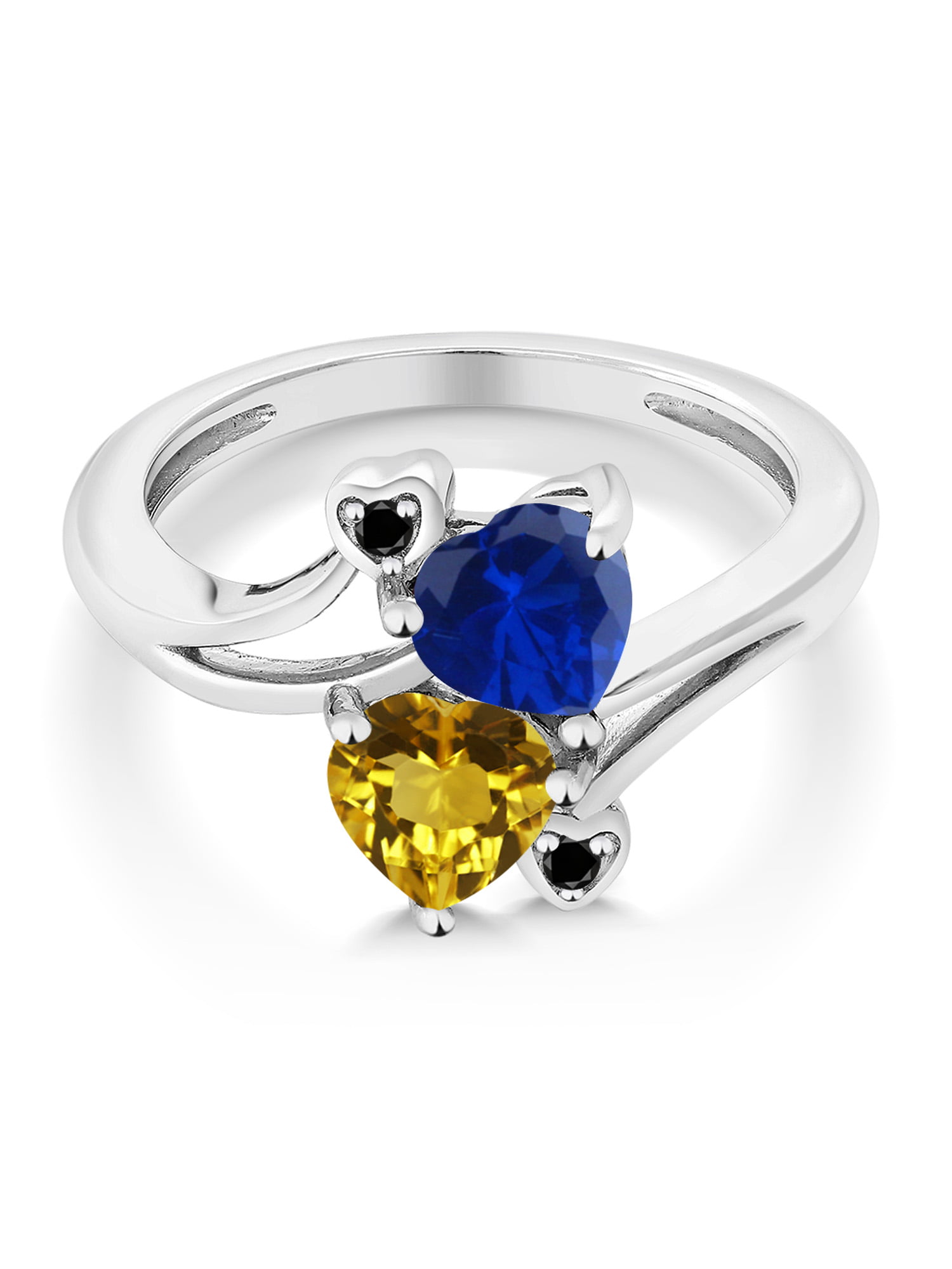 Gem Stone King 1.53 Ct Heart Shape Citrine Blue Created Sapphire 10K White Gold Diamond Ring Available 5,6,7,8,9