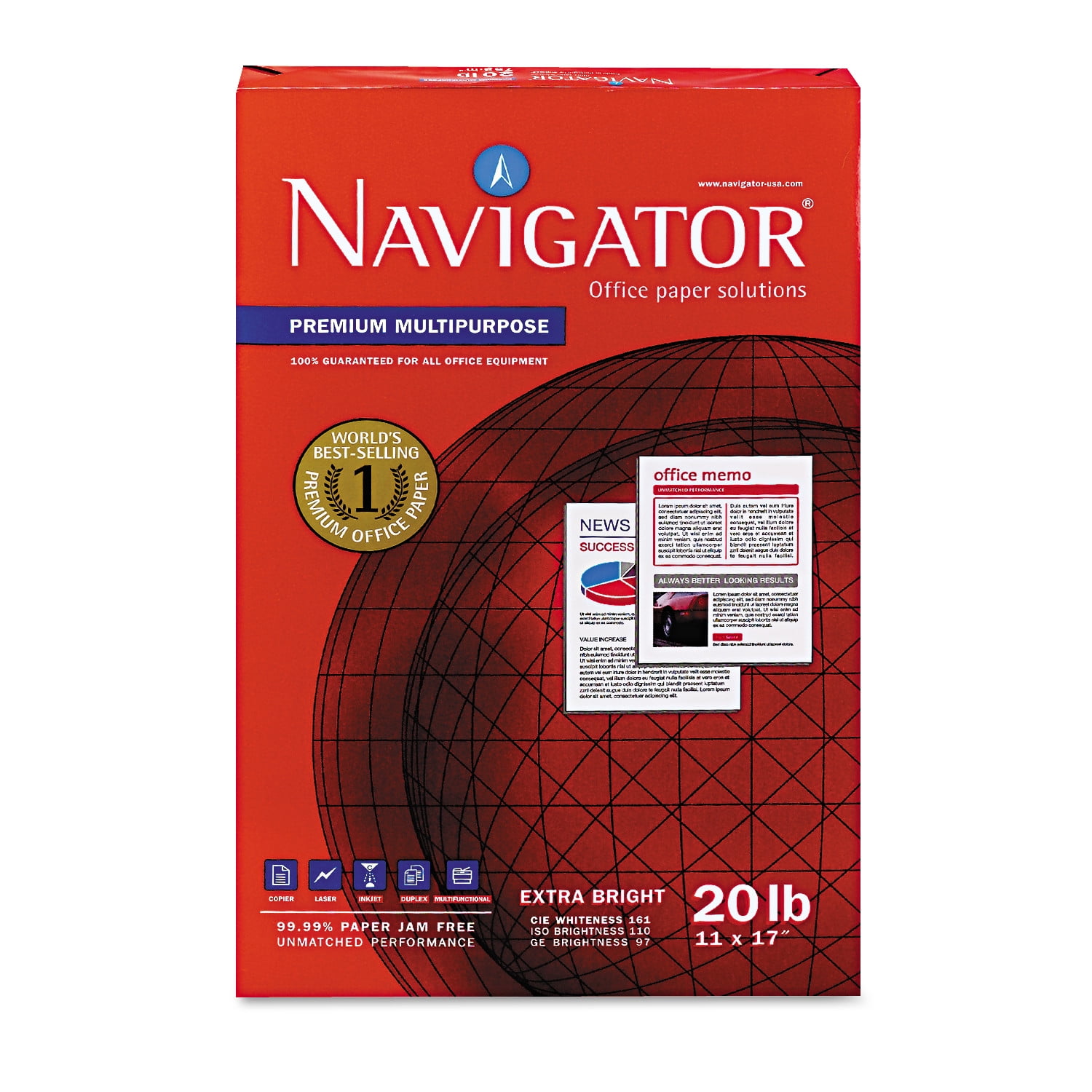 Navigator Copy/Laser/Inkjet Paper, 97 Brightness, 20 lb, 11 x 17 Inches, White, 2500 Sheets per Carton (NMP1720)