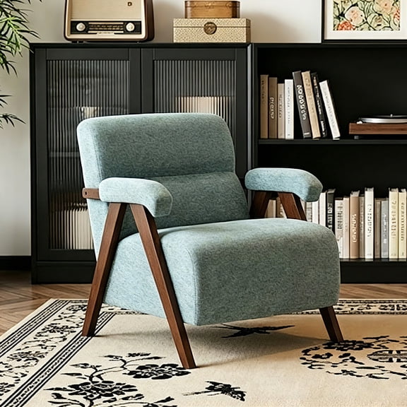 Mid Century Modern Accent Chair with Solid Wood Frame, Upholstered Armchair with Thick Cushion, Tufted Living Room Chair for Bedroom, Reading Room, Office