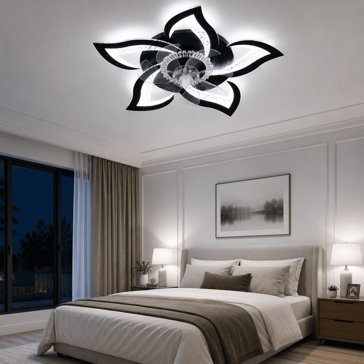 Garwarm 24.6" Black Flower Ceiling Fan with Light, Low Profile Flush Mount Fandelier, Dimmable LED Ceiling Light with Remote, 6-Speed Reversible Fan for Bedroom, Kitchen, Living Room