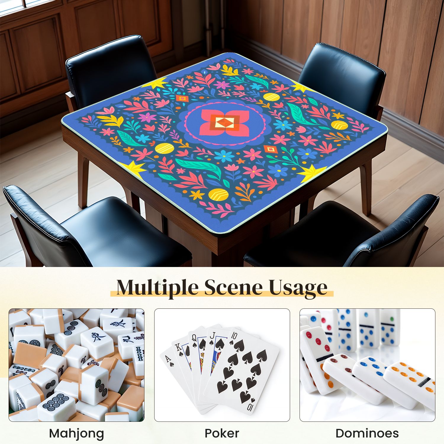 Mahjong Mat 31.5" x 31.5" Vibrant Floral Geometric Center Bright Colors Intricate Anti-Slip and Noise Reduction Symmetry Design Mahjong Tiles Table Cover for Dominoes Poker Card Board and Tile Games