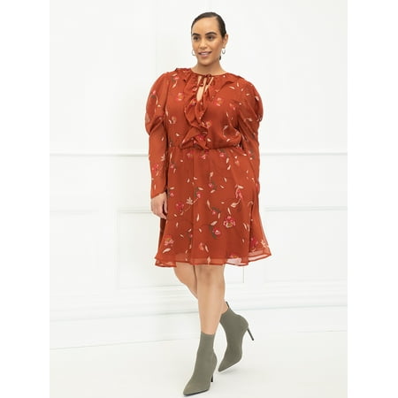 ELOQUII Elements Women's Plus Size Bohemian Print Puff Sleeve Dress