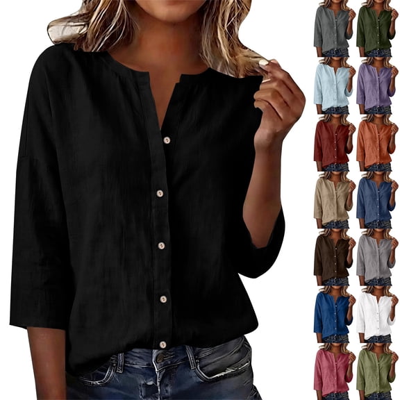 Only Moment Button Down Shirts for Women 3/4 Sleeve V Neck Linen Blouses Business Casual Tops Zip Front V Neck Work Shirts Loose Fit Tunic Tops Blue,S