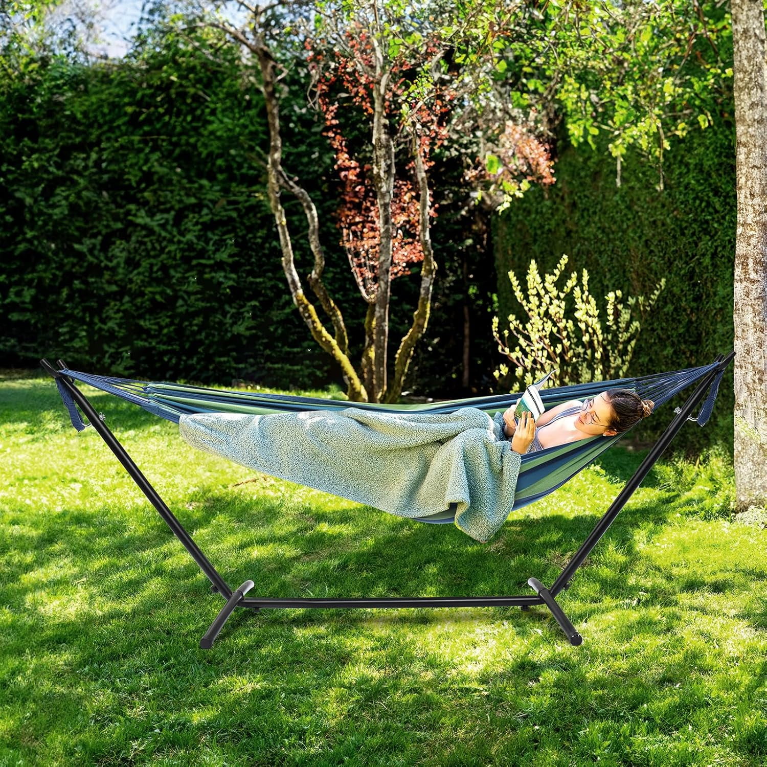 ONCLOUD Heavy Duty 550 LBS Double Hammock with Stand Included with Portable Carrying Bag, Upgraded 2 Person Hammock with Frame for Outdoors & Indoors, Series TDCTZ2 - Blue Green Stripe