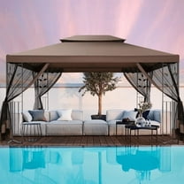 COBIZI 10' x 13' Pop Up Gazebo, Screened Patio Gazebo, Outdoor Steel Double Roof Canopy Tent, Metal Frame Canopy with Mosquito Netting, Sunshade for Garden, Lawns, Brown