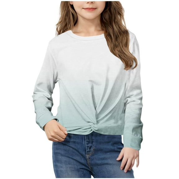 Girls Casual Twist Front Lightweight Sweatshirt Tie Dye Printed Long Sleeve Crop Tops Pullover Blouse Green 4-5 Years