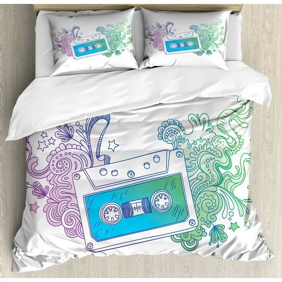 Hipster Duvet Cover Set, Audio Cassette Tape with Line Art Floral Musical Old Fashion Melody Print, Decorative 3 Piece Bedding Set with 2 Pillow Shams, Queen Size, Blue Mint Purple, by Ambesonne