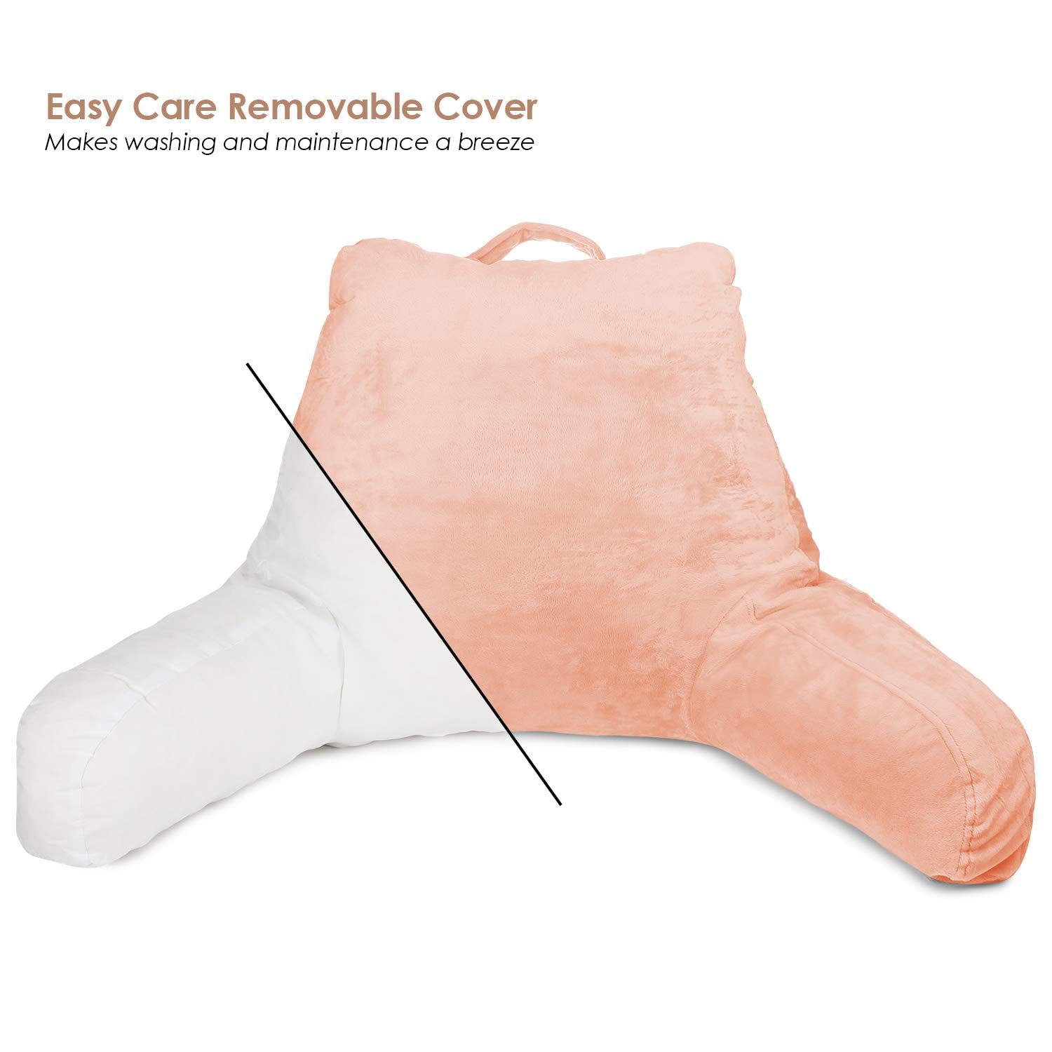 Clara Clark Bed Rest Reading Pillow with Arms and Pockets, for Kids Teens & Adults - Premium Shredded Memory Foam TV Pillow, Medium, Peach
