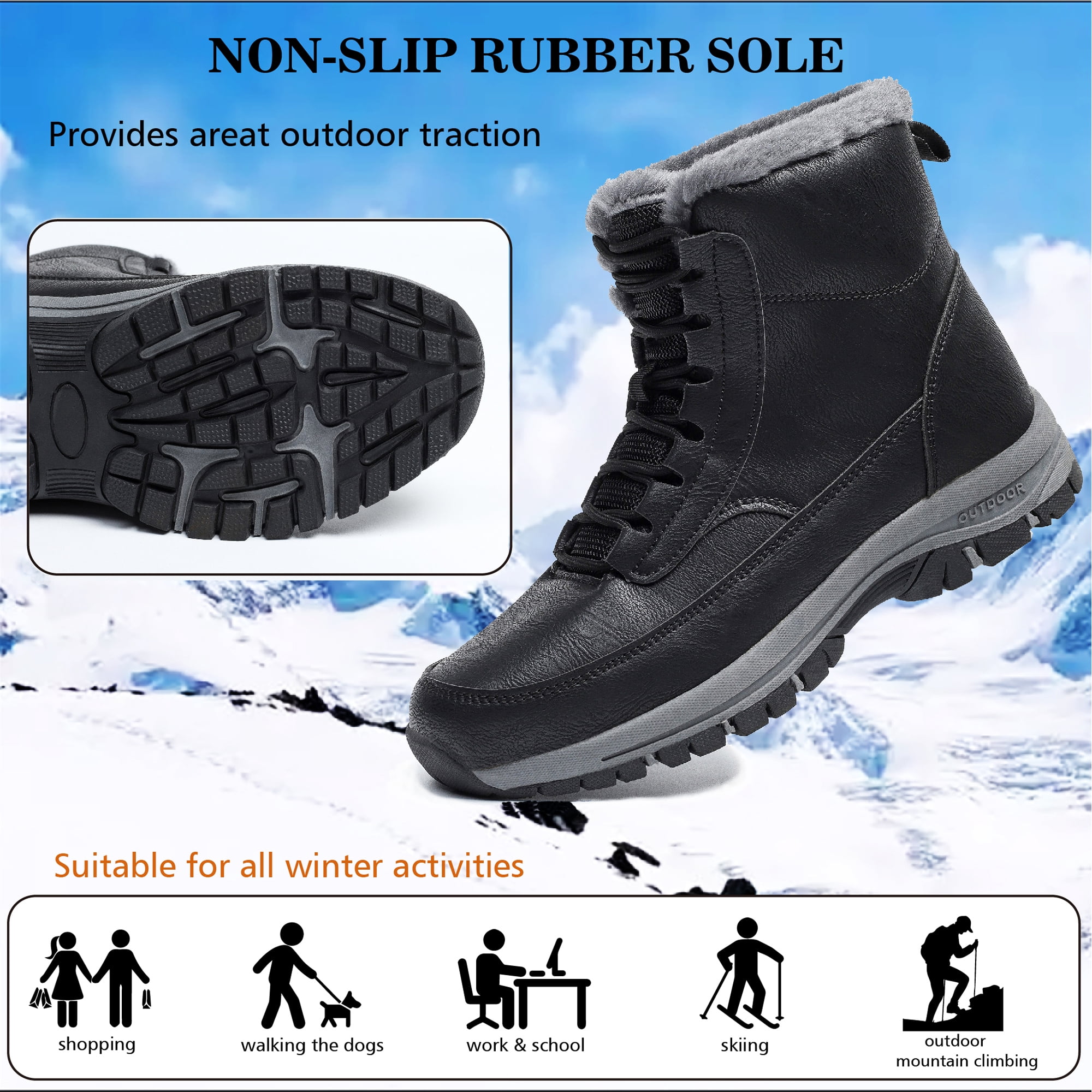 Northblanc Mens Snow Boots Water Resistant Hiking Boots Non-slip Winter Warm Faux Fur Lined Comfort Outdoor Camping Shoes