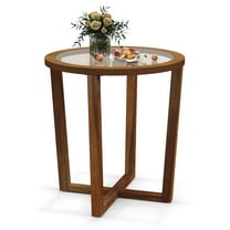 Gymax Modern Round End Table w/ Transparent Tempered Glass Top Solid Acacia Wood Legs