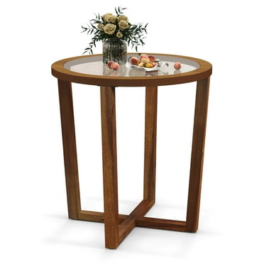 Gymax Modern Round End Table w/ Transparent Tempered Glass Top Solid Acacia Wood Legs