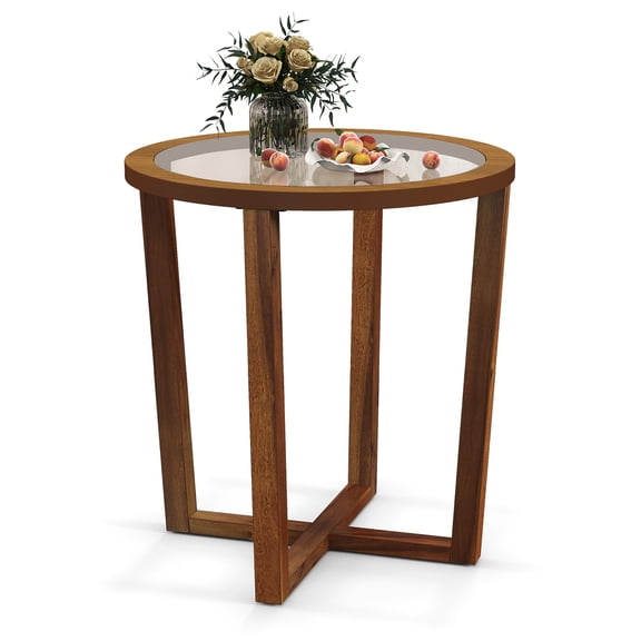 Gymax Modern Round End Table w/ Transparent Tempered Glass Top Solid Acacia Wood Legs