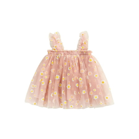 

Toddler Kids Baby Girls Princess Dress Daisy/Fruit Embroidery Sleeveless Sling Dress Casual Mesh Tulle Fluffy Dress