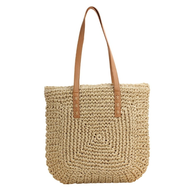 Bolsa de hombro para mujeres, bolso tejido casual para vacaciones al aire libre de primavera de verano Beige
