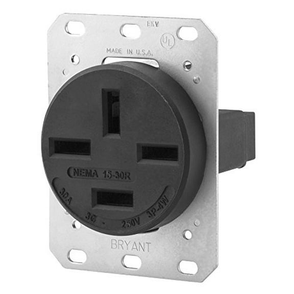 Bryant Electric 8430FR 30 Amp 250V NEMA 15-30R 3-Pole 4-Wire 3 Phase Flush Straight Blade Receptacle, Black CA2