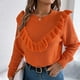 thumbnail image 4 of Suéter de cuello redondo para mujer, moda de invierno, informal, cuello redondo, elegante, color sólido, con volantes, manga larga, suéter, blusa de poliéster para mujer, 4 of 9