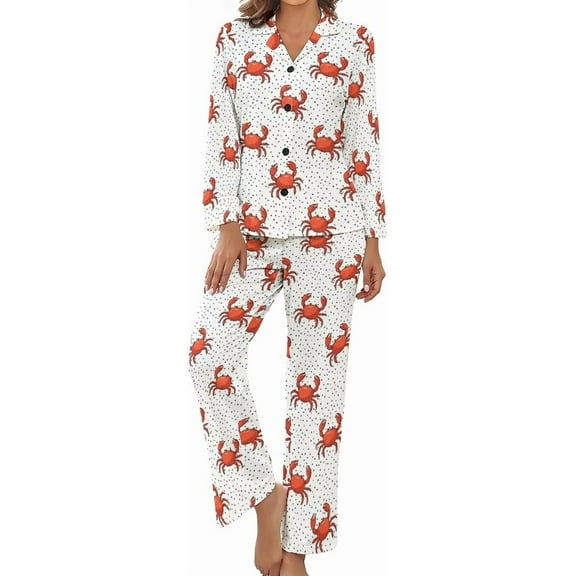 Top-kevin Women Long Sleeve Pajama Set Comfy Pjs Sets Red Crab on Polka 2 Piece Lounge Set