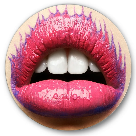 Designart 'Beautiful Woman Lips With Pink Lipstick' Modern Circle Metal Wall Art 36x36 - Disc of 36