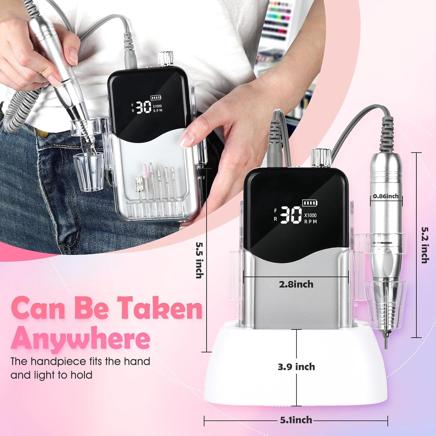 Aorsher Professional Rechargeable Nail Drill, 35000 RPM Electric Nail File, Portable LED Display Nail Tool Kit for Salon and Home Manicure Pedicure