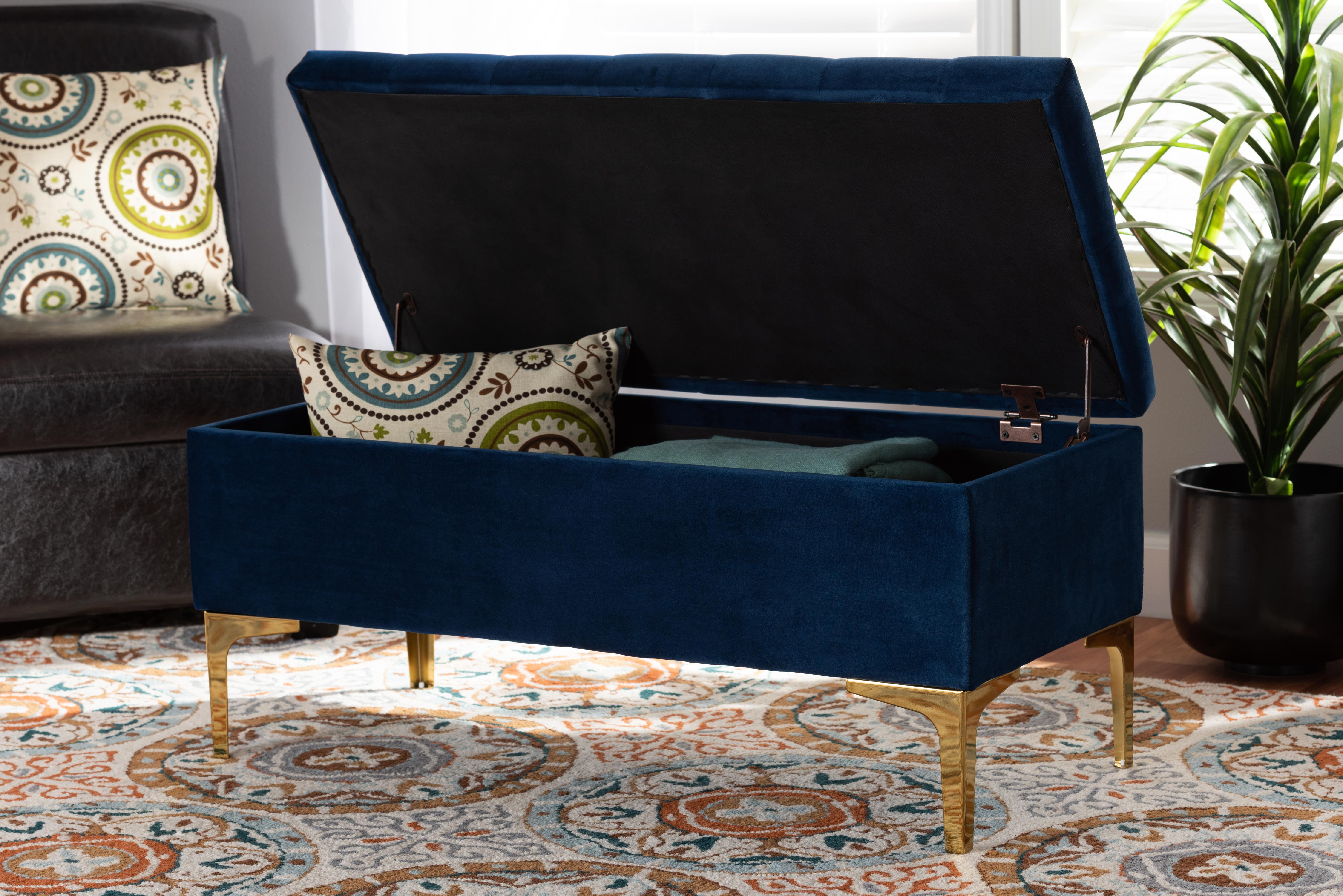 Baxton Studio Valere Glam and Luxe Navy Blue Velvet Fabric Upholstered Gold Finished Button Tufted Storage Ottoman