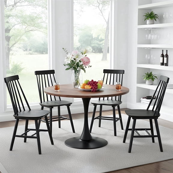 Farmhouse Wood Dining Chairs Set of 4, Windsor Spindle Back Chair for Kitchen & Dining Room, Black