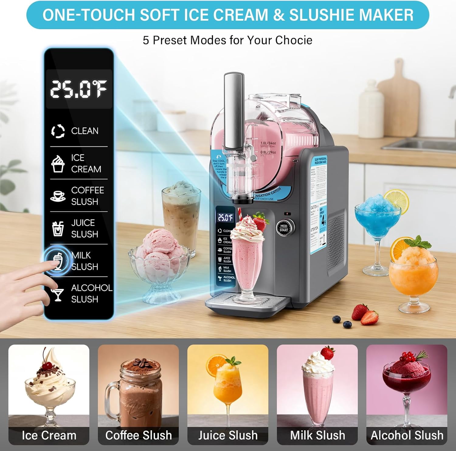 EAYSG Ice Cream & Slushie Machine | Frozen Drink Maker with 5 Presets | Auto-Clean, No Ice Needed | Quiet Operation with LED Display | for Milkshakes, Margaritas, Smoothies & More,Grey