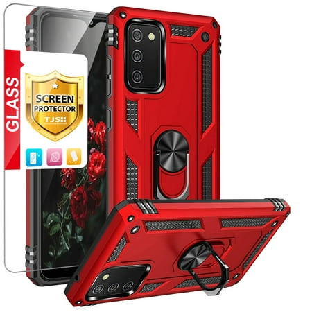 TJS Phone Case for Samsung Galaxy A03S, with [Tempered Glass Screen Protector] Impact Resistant Metal Ring Magnetic Support Kickstand Drop Protector Cover (Red)