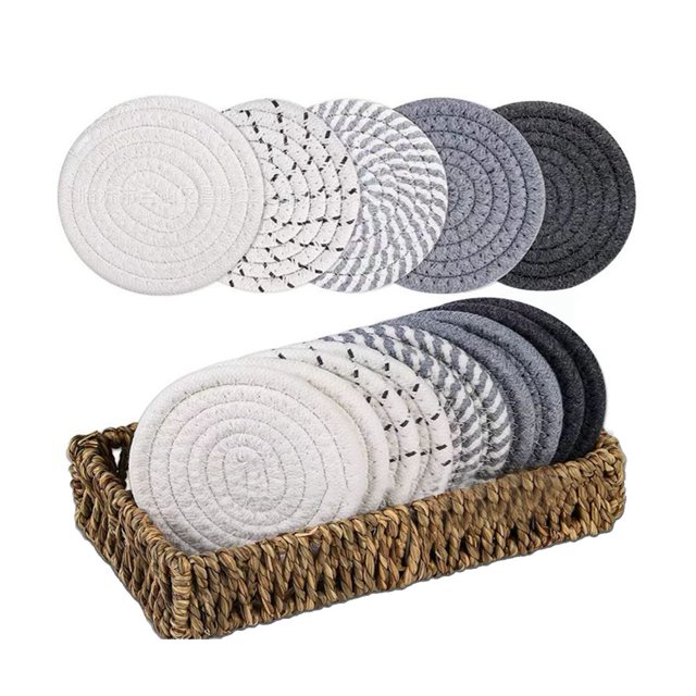 Posavasos para Bebidas, Juego de Soporte para Cesta de Pasto Marino, 10 Posavasos Bohemios Absorbentes para Mesa de Centro, Cesta Grande Tejida A Mano