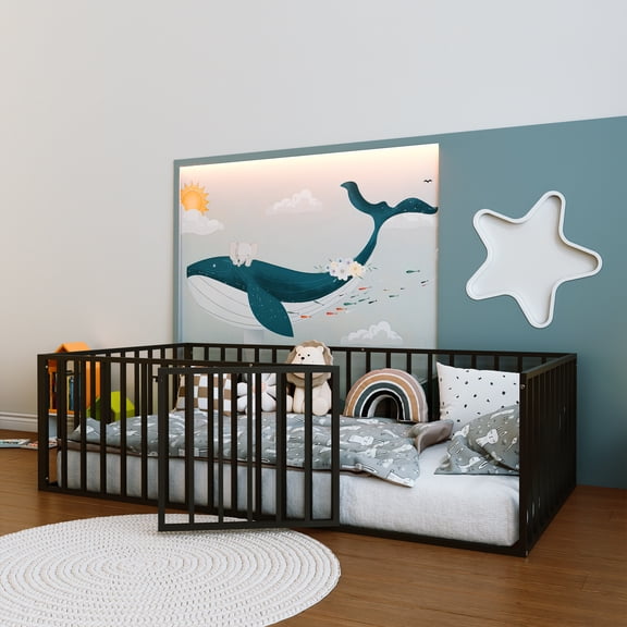 Twin Floor Bed with Door, Metal Montessori Floor Bed with Rails, Low-Profile Montessori Beds, Black