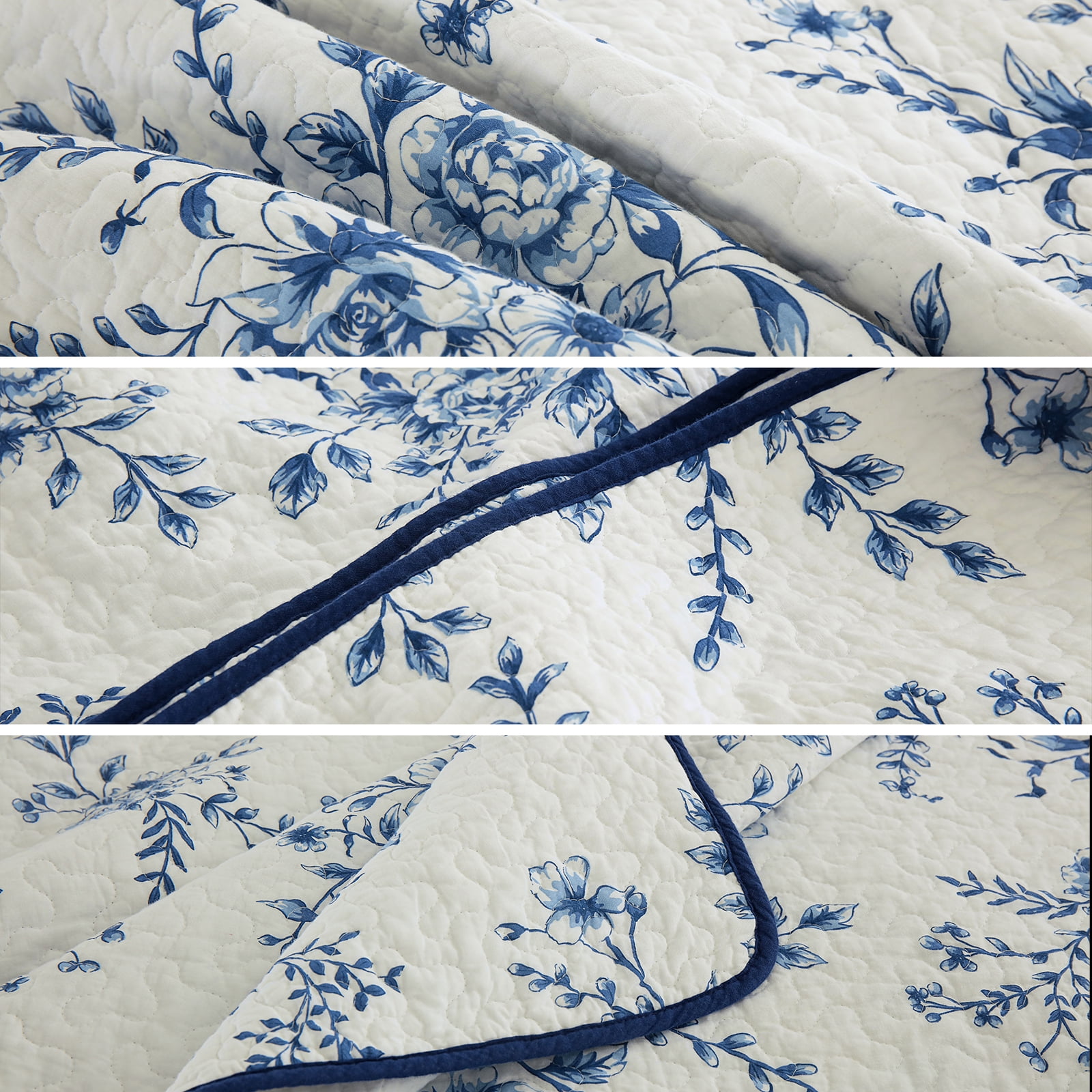 DDUOXIN Blue White Floral Quilt Bedspread, 100% Cotton Queen Size Quilt Set, Lightweight Reversible Bedspreads for Queen Bed, Flower Vintage Botanical Quilts, Coverlet 3-Piece Bedding Set, All-Season