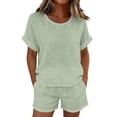 thumbnail image 2 of Gamivast 2 Piece Summer Outfits for Women Casual Linen Textured Short Sleeve Top and Drawstring Shorts Set Loose Fit Matching Lounge Sweatsuits Vacation Streetwear Pajamas Green L, 2 of 7