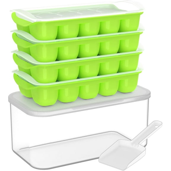 Ice Cube Tray with Lid and Bin, 4 Pack Stackable Silicone Ice Trays for Freezer, Easy Pop Out, BPA Free for Cocktail, Coffee, Soup, Food, RV, Kitchen