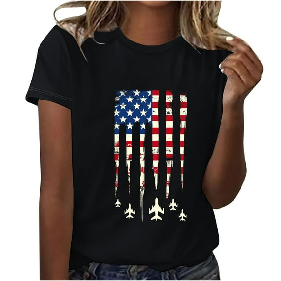 Womens 4Th of July Summer T-Shirts Round Neck Short Sleeve Tops American Flag Printed Tunic Tops Pullover Sweater Blouses Patriotic T-Shirts Retro Dressy Tops Shirt Going Out Beach Outfits