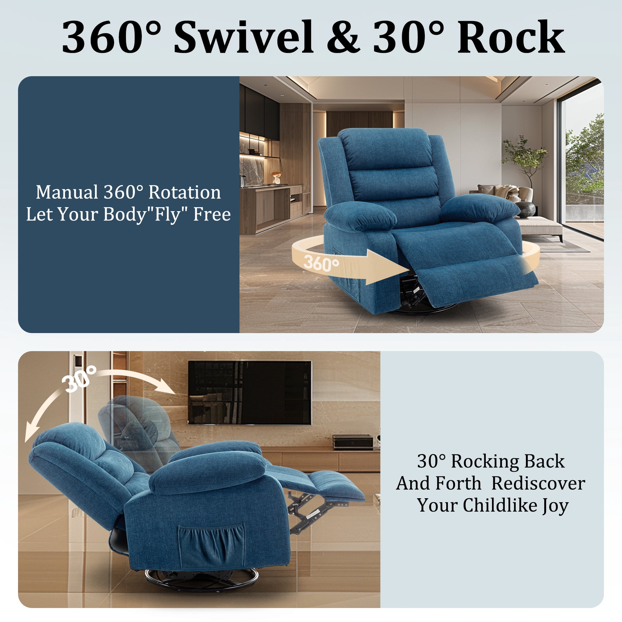 Korser Oversized Swivel Rocker Recliner Chair for Adults 40.6'' Wide for Nursery Living Room,Blue