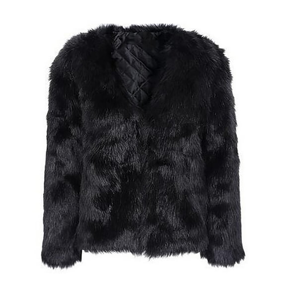 Women's Winter Fashion Fuzzy Jacket - Long-Sleeve Solid Color Short Faux Fur Coat, Black, XXL