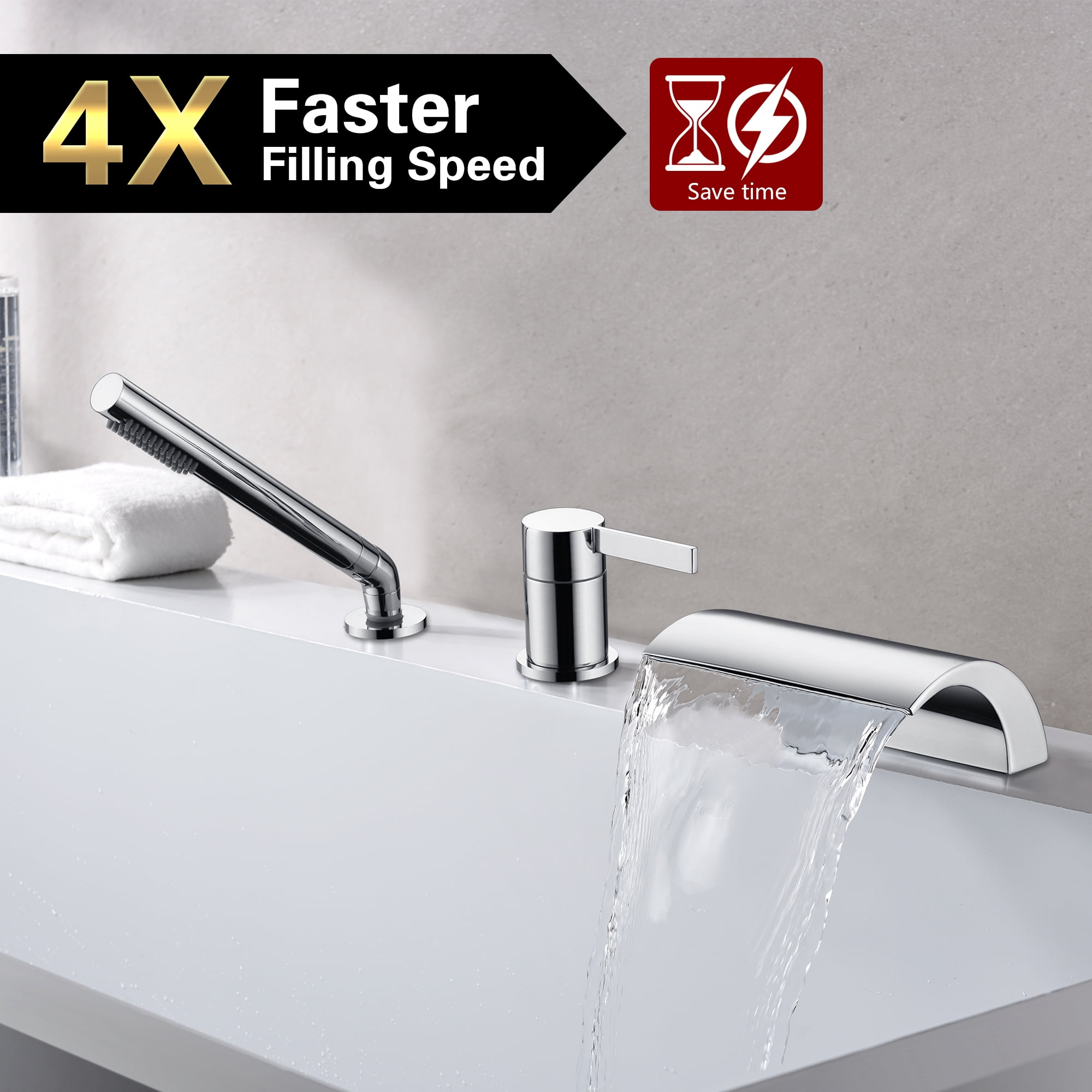 SUMERAIN Waterfall Bathroom Roman Tub Faucet with Handheld Sprayer, 3 Holes Deck Mounted Bathtub Faucet Chrome Finish
