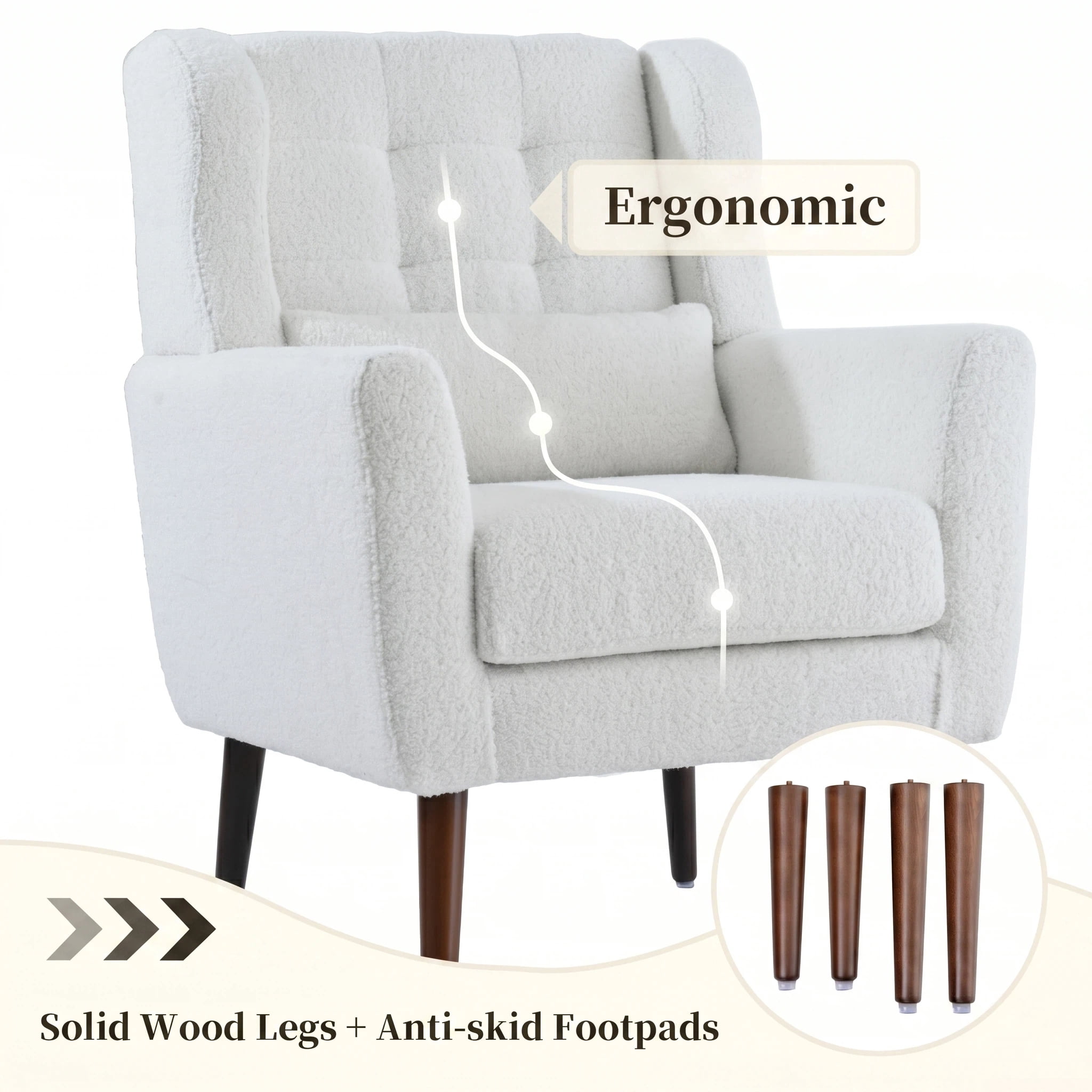 AISWORD Modern Accent Chair, Upholstered Armchair with Pillow, Fabric Single Sofa Chair with Lounge Seat and Wood Legs Accent Chair for Living Room Bedroom Small Spaces, White