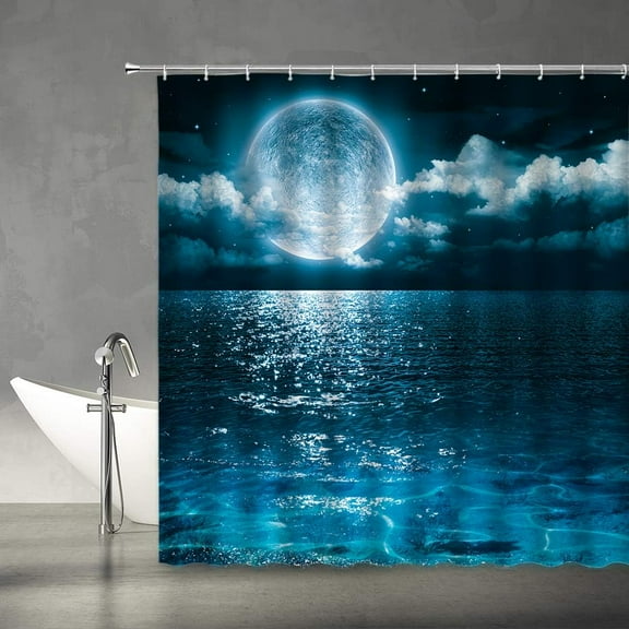 Moon Shower Curtain Full Moon Over Sea Ocean Clouds Planet Star Sky Dreamy Night Scene Black Blue Gray Bathroom Curtains Decor Polyester Fabric Include Hooks,(36" WX70 H)
