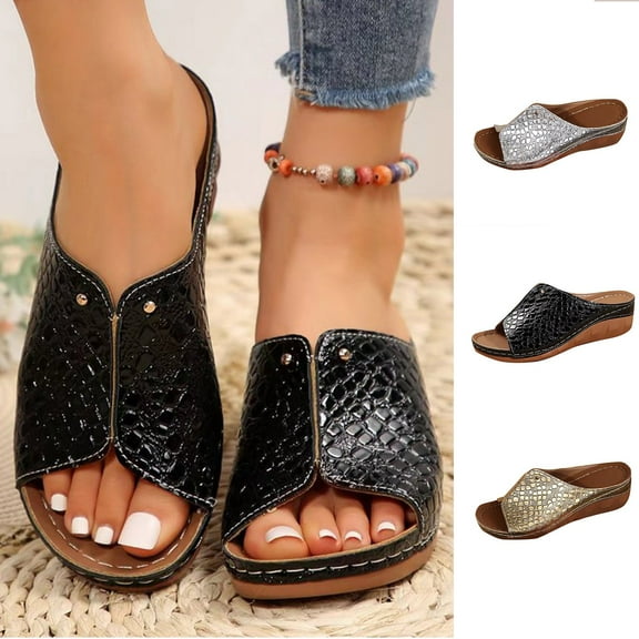 Miluxas Sandals for Women Soft Sandals Arch Support Summer Lightweight Beach Travel Low Wedge Slippers Silver 9.5(43)