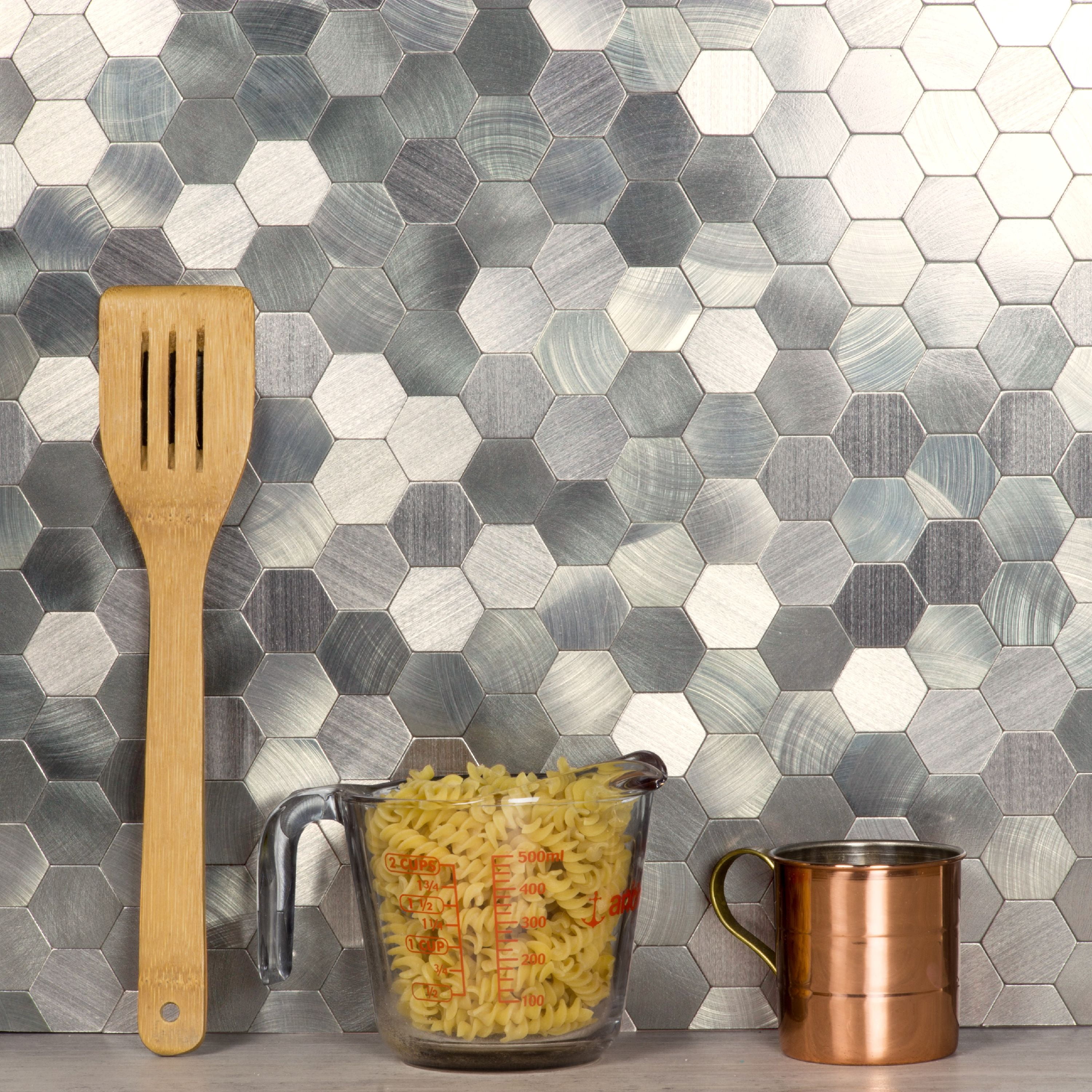 Abolos- Enchanting Hexagon Wall Backsplash 1.5" x 1.5" Peel and Stick Metal Mosaic Tile in Silver (19.80sqft / 22pc Box)