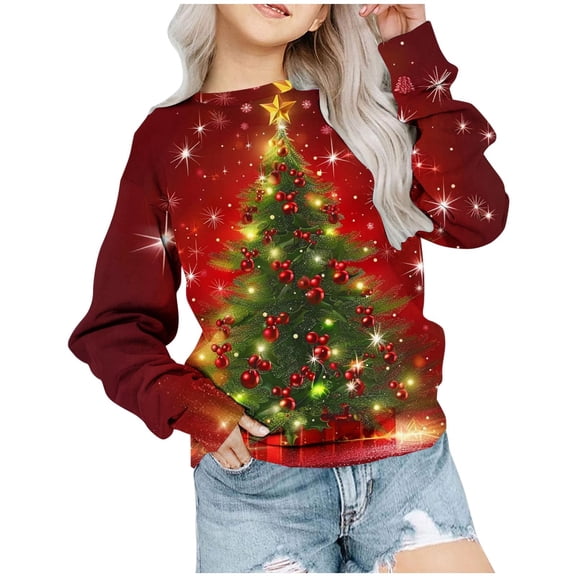 Odeerbi Kids Boys Girls Christmas Sweatshirt Cartoon Print Crewneck Sweatshirts 1-12 Years Children's Long Sleeve Round Neck Christmas Pattern Printed T-shirt Top Red