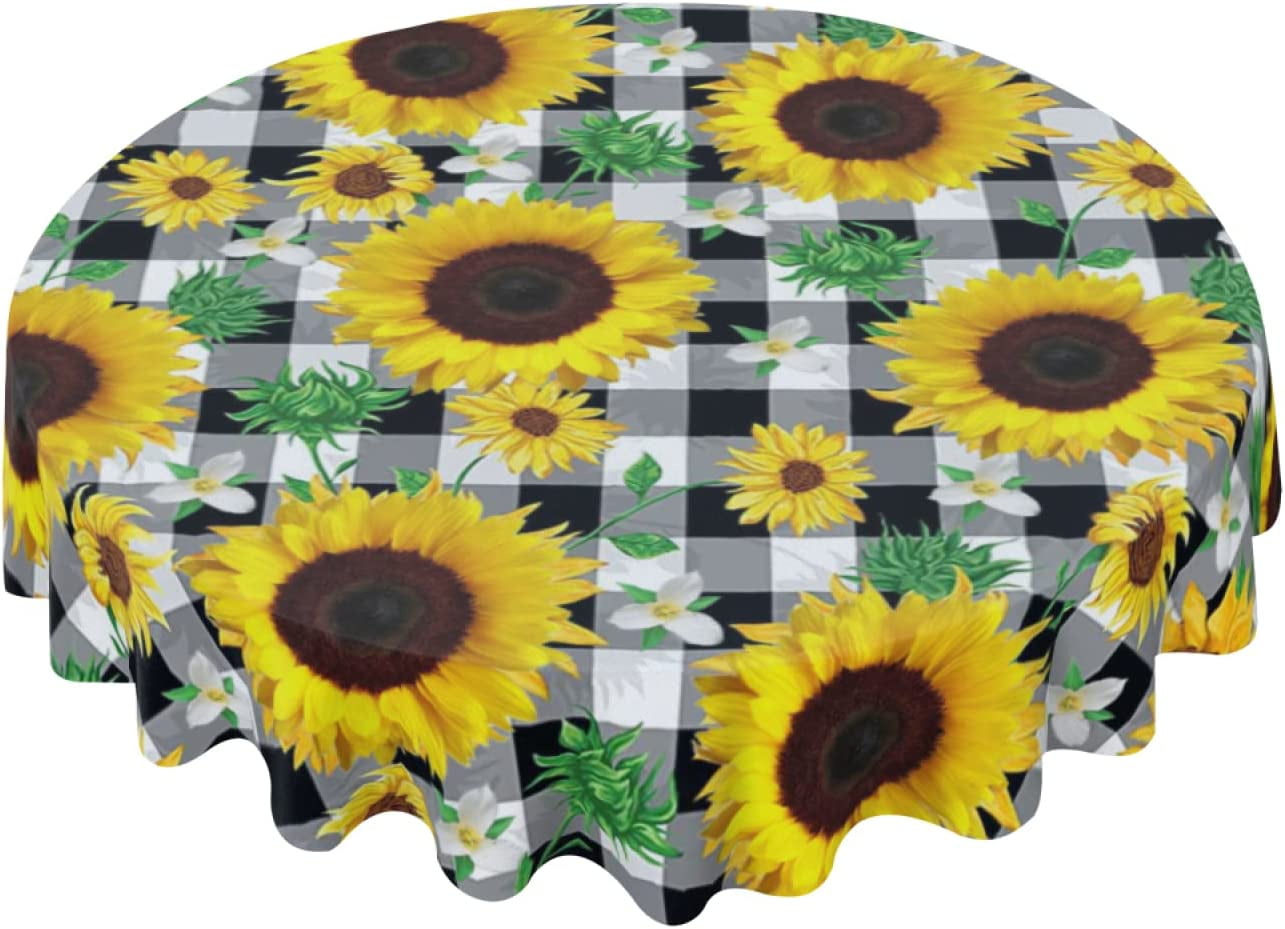 SunTablecloth Round 60 Inch Black and White Plaid Tablecloth Tablecloth