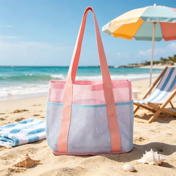 Mesh Beach Bag, Lightweight Beach Tote for Pool, Travel, and Shopping, Foldable Storage Bag with Shoulder Strap